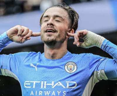 Man City Jack Grealish celebrates after scoring his first ever goal for City