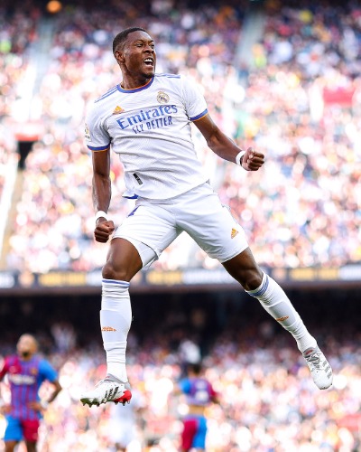 Real Madrid's defender David Alaba celebrates after scoring against BarcelonaDavid Alaba