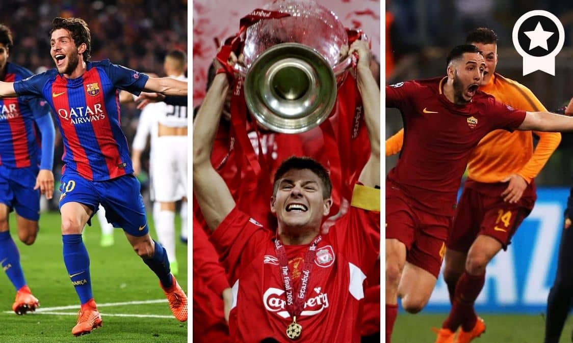 Barca's Sergio Roberto(Left), Liverpool's Gerrard(middle) and Roma'sManolas celebrates after completing their comebacks