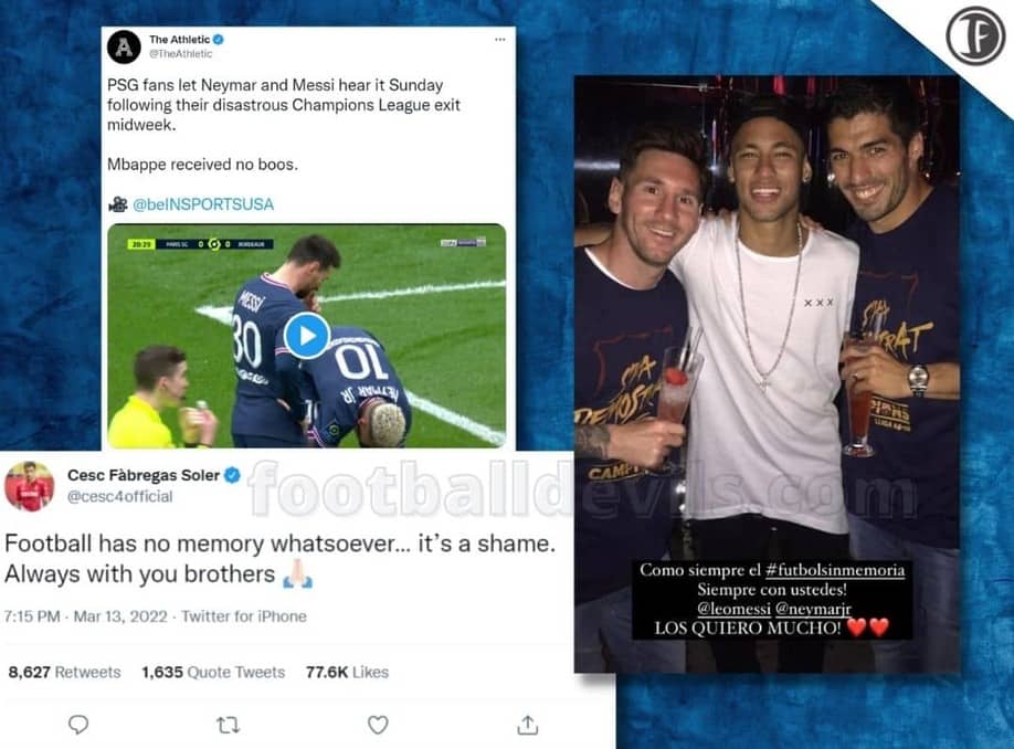 Suarez and Fabregas reacts to Messi and Neymar booed by PSG fans