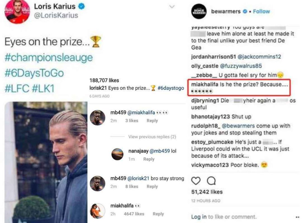 Loris Karius, Mia Khalifa and Mario Balotelli Instagram comments